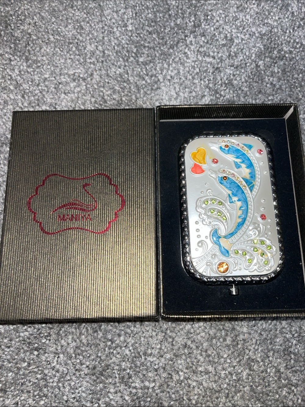 Mamia Silver Phone Case with Blue Fish and Multicolor Crystals